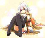  1girl ahoge bandaged_arm bandages blush breasts brown_robe chain creature cuffs duel_monster grey_eyes happy_lover heart hood hood_down hooded_robe looking_at_viewer lyna medium_breasts no_shoes pom_pom_(clothes) pout robe short_hair shorts sitting suno-pi thighhighs thighs white_hair wings yuu-gi-ou 