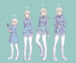  1girl absurdres age_progression alternate_costume aqua_background blonde_hair blush_stickers boots brave_witches bug butterfly eila_ilmatar_juutilainen hair_between_eyes hand_on_hip highres insect iron_cross knee_boots long_hair looking_to_the_side military military_uniform multiple_views older pantyhose pigeon-toed pondo_(peng-model) purple_eyes smile strike_witches tarot uniform world_witches_series younger 