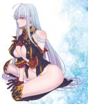  1girl bare_shoulders between_breasts breasts commentary_request gloves kanoe_youshi large_breasts long_hair looking_at_viewer military military_uniform no_pants red_eyes selvaria_bles senjou_no_valkyria silver_hair solo uniform very_long_hair 
