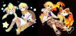  2boys black_background blonde_hair blue_eyes child_gilgamesh crossover fate/hollow_ataraxia fate/requiem fate_(series) fennekin fire full_body gen_3_pokemon gen_6_pokemon highres hood hoodie jirachi male_focus midriff multiple_boys mythical_pokemon navel nen_5050 open_mouth pokemon red_eyes scarf shorts simple_background smile star_(symbol) voyager_(fate/requiem) 