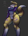  anthro armwear azurtaker_(artist) belly big_breasts black_sclera blue_eyes breasts bridal_gauntlets canid canine clothed clothing digimon digimon_(species) dipstick_ears dipstick_tail female fox fur genitals gloves handwear hi_res looking_away mammal markings multicolored_ears multicolored_tail neck_tuft nipples partially_clothed pink_nipples purple_clothing purple_markings pussy renamon solo standing tuft white_belly white_body white_fur yellow_body yellow_fur 