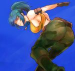  1girl ass bangs blue_background blue_eyes blue_hair breasts camouflage cargo_pants closed_mouth dog_tags earrings jewelry leona_heidern military military_uniform mojyavoltage6 pants ponytail pouch serious sideboob soldier solo tank_top the_king_of_fighters the_king_of_fighters_xiv triangle_earrings twisted_torso uniform yellow_tank_top 