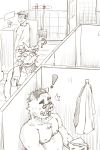  2020 anthro bathroom belly botan_akagane chuukichi_(morenatsu) clothing dragon eyewear glasses group hi_res human inside kemono kounfuyu male mammal moobs morenatsu murid murine nipples overweight overweight_male rat rodent shirt suid suina sus_(pig) tatsuki_(morenatsu) topwear video_games visual_novel wild_boar 