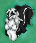  2013 anthro black_body black_fur black_nose breasts bust_portrait featureless_breasts female fur green_background hair haradoshin mammal melody_(stinksqueak) mephitid multicolored_body multicolored_fur navel portrait simple_background skunk solo white_body white_fur white_hair 