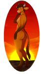  absurd_res anthro big_butt black_hair bovid bovine breasts brown_body brown_eyes brown_fur butt cattle cloud detailed_background female fur hair hi_res highland_cattle hooves horn looking_at_viewer mammal nude pink_nose sky solo star sun sunset xredpandax_(artist) 