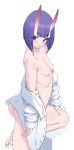  1girl absurdres ass bangs barefoot bob_cut breasts collarbone collared_shirt dress_shirt eyeliner fate/grand_order fate_(series) highres horns incloud long_sleeves looking_at_viewer looking_back makeup nipples oni oni_horns open_clothes open_shirt purple_eyes purple_hair shirt short_eyebrows short_hair shuten_douji_(fate/grand_order) simple_background skin-covered_horns solo thighs white_background white_shirt 