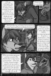  2:3 5_fingers anthro bag bowing canid canine cloak clothed clothing comic dialogue door duo english_text fingers fox gear_(foxgear) hair ingredients inside isoke_(lokiaesir) jackaloo male mammal medieval money money_bag monochrome open_mouth satchel shkkf teeth text 