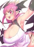  1girl absurdres bat_wings black_gloves black_panties black_tail black_wings breasts cleavage dress gloves head_wings heal_&amp;_squeeze highres huge_breasts juugoya_(zyugoya) one_eye_closed panties pink_hair pointy_ears sakura_(heal_&amp;_squeeze) sharp_teeth side-tie_panties tail teeth underwear vampire vietnamese_clothes vietnamese_dress white_background white_dress wings 