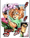  2boys adam_bryce_thomas araki_hirohiko_(style) black_eyes black_hair blue_eyes commission diamond_wa_kudakenai english_commentary jojo_no_kimyou_na_bouken kawajiri_hayato kawajiri_kousaku killer_queen kira_yoshikage menacing_(jojo) multiple_boys open_mouth orange_hair parody plant stand_(jojo) style_parody vase 