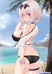  1girl absurdres ass azur_lane back bangs beach bikini black_bikini blue_sky breasts choker eyewear_on_head heart heart-shaped_eyewear highres large_breasts looking_at_viewer looking_back low_twintails ninnin_(shishitou) palm_tree parted_lips red_eyes shore short_hair short_twintails sirius_(azur_lane) sirius_(midsummer_seirios)_(azur_lane) sky sunglasses swimsuit thigh_strap thighs tree twintails white_hair 