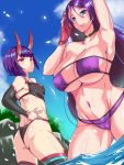  2girls arm_up armpits ass back bangs bare_shoulders bikini black_fundoshi blue_sky blush bob_cut breasts chinese_clothes choker cleavage closed_mouth collarbone detached_sleeves dudou eyeliner eyepatch_bikini fate/grand_order fate_(series) fingerless_gloves forehead_jewel gloves highres horns kemono-o_mujin large_breasts long_hair looking_at_viewer makeup minamoto_no_raikou_(fate/grand_order) minamoto_no_raikou_(swimsuit_lancer)_(fate) multiple_girls navel ocean oni oni_horns open_mouth parted_bangs purple_bikini purple_eyes purple_hair red_gloves short_hair shuten_douji_(fate/grand_order) shuten_douji_(halloween_caster)_(fate) single_glove skin-covered_horns sky small_breasts smile swimsuit thighs very_long_hair wading 