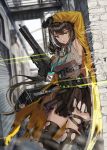  1girl arm_up armpits black_gloves black_hair black_legwear blurry blurry_background breasts building floating_hair gas_mask girls_frontline gloves gun hand_up headset heterochromia highres holding holding_gun holding_weapon id_card lanyard large_breasts long_hair long_sleeves looking_at_viewer miniskirt mod3_(girls_frontline) multicolored_hair noveske_space_invader open_clothes parted_lips pleated_skirt ro635_(girls_frontline) silence_girl skirt sleeveless solo standing streaked_hair submachine_gun thighhighs thighs torn_clothes torn_legwear torn_skirt very_long_hair weapon yellow_eyes 