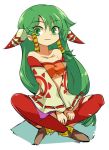  1girl breasts closed_mouth commentary_request feena_(grandia) grandia grandia_i green_eyes green_hair hair_ornament hair_tubes long_hair looking_at_viewer midriff simple_background smile solo thighhighs white_background 
