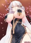  absurdres azur_lane braid breast_curtains breasts cherry_blossoms china_dress chinese_clothes covered_navel dress flower garter_straps gloves gradient gradient_background grey_dress hair_flower hair_ornament half_gloves hands_on_own_chest highres large_breasts neckwear_between_breasts ninnin_(shishitou) parted_lips pelvic_curtain petals red_eyes revealing_clothes short_hair side_braid sirius_(azur_lane) sirius_(azure_horizons)_(azur_lane) underboob white_hair 