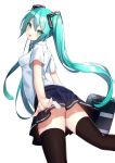  1girl :p aqua_eyes aqua_hair arms_at_sides bag bangs bare_arms black_legwear black_skirt breasts collared_shirt feet_out_of_frame fingernails from_below from_side hair_ornament hatsune_miku head_tilt holding holding_bag long_hair looking_at_viewer looking_down looking_to_the_side making-of_available miniskirt school_bag school_uniform shirt short_sleeves sidelocks simple_background skirt smile solo tasuku_(user_fkzv3343) thighhighs tongue tongue_out twintails upskirt very_long_hair vocaloid walking white_background white_shirt 