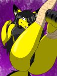  anthro bandage black_body black_fur black_hair breasts fangs female fluffy fluffy_tail fur genitals greendayfox grey_eyes hair hi_res multicolored_body multicolored_fur nipples open_mouth pussy simple_background solo tongue tongue_out two_tone_body two_tone_fur yellow_body yellow_fur 