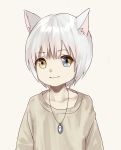  1boy animal_ears beige_background blue_eyes cat_boy cat_ears collarbone heterochromia jewelry looking_at_viewer male_focus multicolored multicolored_eyes necklace original simple_background smile solo sweater takanoberii yellow_eyes 