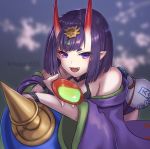  1girl alcohol bangs bare_shoulders blush bob_cut bottle breasts bridal_gauntlets chagara collarbone cup eyeliner fangs fate/grand_order fate_(series) gourd headpiece horns japanese_clothes kimono long_sleeves looking_at_viewer makeup off_shoulder oni oni_horns open_mouth pointy_ears purple_eyes purple_hair purple_kimono revealing_clothes sakazuki sake short_hair shuten_douji_(fate/grand_order) skin-covered_horns small_breasts smile wide_sleeves 