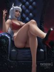  1girl bra breasts cleavage crossed_legs demon_girl demon_horns demon_tail english_commentary eyelashes helltaker high_heels horns lace lace_bra large_breasts lingerie lips lolliedrop long_hair looking_at_viewer lucifer_(helltaker) nose panties red_bra red_eyes red_panties silver_hair sitting solo tail throne underwear underwear_only 