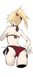  1girl adjusting_clothes adjusting_swimsuit ass bikini blonde_hair character_name cropped_legs fate/grand_order fate_(series) from_behind hair_ornament hair_scrunchie halterneck highres mordred_(fate) mordred_(fate)_(all) mordred_(swimsuit_rider)_(fate) ponytail red_bikini red_scrunchie scrunchie side-tie_bikini solo string_bikini swimsuit takatun223 thighs white_background 