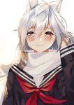  1girl animal_ears azur_lane bangs blush closed_mouth english_commentary eyebrows_visible_through_hair hair_between_eyes highres lilycious long_sleeves looking_at_viewer maya_(azur_lane) scarf school_uniform short_hair signature silver_hair smile solo white_background white_scarf yellow_eyes 