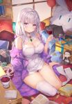  1girl absurdres alcohol bare_shoulders barefoot box breasts character_doll cleavage cup dress drinking_glass elf emilia_(re:zero) gift gift_box globe highres holding holding_cup jacket lanyingchengzhi large_breasts long_hair long_sleeves looking_at_viewer natsuki_subaru off_shoulder open_clothes open_jacket parted_lips pointy_ears puffy_sleeves purple_eyes purple_jacket re:zero_kara_hajimeru_isekai_seikatsu short_dress sidelocks silver_hair single_thighhigh sitting skindentation sleeveless sleeveless_dress solo stuffed_toy thigh_gap thighhighs thighs very_long_hair white_dress white_legwear wine wine_glass 