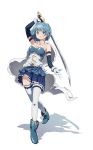  1girl absurdres arm_strap bangs belt blue_belt blue_hair blue_shirt blue_skirt cape elbow_gloves eyebrows_visible_through_hair frills full_body gloves highres holding holding_sword holding_weapon layered_gloves looking_at_viewer magical_girl mahou_shoujo_madoka_magica miki_sayaka pianzu_mao pleated_skirt shadow shirt short_hair skirt solo standing strapless_shirt sword thighhighs weapon white_cape white_gloves white_legwear 