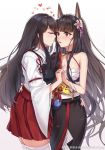  2girls akagi_(kantai_collection) akagi_(warship_girls_r) aoi_(buzhuen444) bangs black_hair black_kimono blunt_bangs blush breasts brown_eyes brown_hair cleavage closed_eyes collarbone crossover eyebrows_visible_through_hair food hair_ornament hakama hakama_skirt headgear heart holding_hands interlocked_fingers japanese_clothes kantai_collection kimono large_breasts long_hair long_sleeves multiple_girls muneate namesake obi pocky pocky_kiss red_hakama remodel_(warship_girls_r) sarashi sash shared_food simple_background thighhighs warship_girls_r white_background white_legwear wide_sleeves yuri 