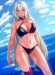  1girl ahoge bangs bare_shoulders bikini black_bikini blue_sky blush breasts cleavage collarbone fate/grand_order fate_(series) highres jeanne_d&#039;arc_(alter_swimsuit_berserker) jeanne_d&#039;arc_(fate)_(all) large_breasts long_hair looking_at_viewer navel o-ring o-ring_bikini ocean red_legwear silver_hair single_thighhigh sky smile sunlight swimsuit thighhighs thighs very_long_hair wading wet yellow_eyes yuhica 