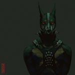  1:1 2020 anthro bdsm buckle canid canine canis collar deusexmoose dobermann domestic_dog glowing glowing_eyes harness hi_res leather looking_at_viewer male mammal muzzle_(object) muzzled pinscher red_eyes simple_background solo spikes 