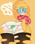  animal_crossing anthro big_breasts big_butt blue_eyes blush breasts butt camel_toe canid canine clothing female golden_is_bunny huge_butt humanoid isabelle_(animal_crossing) legwear mammal nintendo side_boob simple_background solo stockings thick_thighs torn_clothing torn_legwear torn_stockings underwear video_games wide_hips yellow_body 