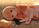  1girl arm_support black_eyes blonde_hair chips crumbs doma_umaru food hamster_hood handheld_game_console hijiki_(hijikini) himouto!_umaru-chan holding holding_handheld_game_console lying on_side playstation_portable potato_chips solo wooden_floor 