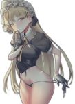  1girl bangs bikini blonde_hair blush breasts earrings eyebrows_visible_through_hair finger_to_mouth frills girls_frontline gloves groin hair_ornament hyury jewelry light_brown_hair long_hair looking_at_viewer medium_breasts panty_tug ppk_(girls_frontline) puffy_short_sleeves puffy_sleeves short_sleeves shushing side-tie_bikini solo swimsuit thighhighs thighs very_long_hair white_background 