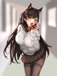  1girl animal_ears atago_(azur_lane) atago_(school_daydream)_(azur_lane) azur_lane black_legwear black_skirt blush breasts brown_eyes brown_hair cardigan eyebrows_visible_through_hair fellatio_gesture hair_ribbon hand_on_back highres large_breasts long_hair looking_at_viewer mole mole_under_eye open_mouth pantyhose ribbon school_uniform shusiki simple_background skirt solo tongue tongue_out white_cardigan 