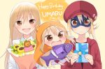  3girls :d birthday blonde_hair bouquet box brown_eyes cabbie_hat character_name chibi doma_umaru domino_mask english_text fish flower gift gift_box hamster_hood happy_birthday hat hijiki_(hijikini) himouto!_umaru-chan komaru long_hair looking_at_viewer mask multiple_girls open_mouth ribbon smile sunflower sweatdrop very_long_hair wavy_mouth 