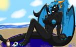  anthro beach black_body blue_hair breasts claws detailed_background dragon female green_eyes greendayfox hair horn nipples one_eye_closed open_mouth open_smile seaside smile solo teeth wings 