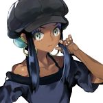  1girl aqua_eyes aqua_hair bare_shoulders black_hair black_headwear blue_eyeshadow closed_mouth collarbone commentary dark_skin earrings eyeshadow fingernails gratin_gratin hand_up hat highres holding holding_hair hoop_earrings jewelry makeup multicolored_hair nessa_(pokemon) pokemon pokemon:_twilight_wings pokemon_(anime) sidelocks simple_background solo two-tone_hair upper_body white_background 