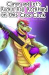  5_fingers absurd_res alligator alligatorid anthro crocodilian dialogue english_text fingers genitals green_body green_scales guitar hi_res long_tongue male montgomery_gator_(fnaf) musical_instrument open_mouth penis playing_guitar playing_music plucked_string_instrument presenting presenting_penis reptile scales scalie slit solo string_instrument text thekinkybear tongue tongue_out 