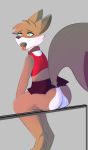 ahegao anthro bottomwear clothing foxy_flavored_cookie hi_res looking_pleasured male pose roxburyfox sitting skirt solo 