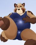  2020 4:5 anthro blush bodily_fluids brown_body brown_fur canid canine clothed clothing fur hi_res humanoid_hands kemono male mammal overweight overweight_anthro overweight_male raccoon_dog solo sweat tanuki yaki_atsuage 