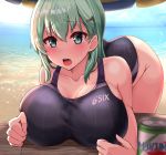  1girl aqua_hair ass beach beach_umbrella blue_eyes blush breasts cleavage collarbone day green_eyes hair_between_eyes hair_ornament hairclip highres kantai_collection kihou_no_gotoku_dmc large_breasts leaning_forward long_hair looking_at_viewer one-piece_swimsuit open_mouth outdoors shiny shiny_hair sidelocks solo suzuya_(kantai_collection) swimsuit umbrella 
