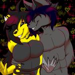  1:1 anthro anthro_on_anthro black_body black_fur black_hair blue_hair breasts canid canine canis claws demon detailed_background duo eyes_closed female fluffy fox fur greendayfox grey_body grey_fur hair hi_res horn interspecies love male male/female mammal multicolored_body multicolored_fur muscular muscular_male one_eye_closed open_mouth open_smile romantic_ambiance romantic_couple smile teeth two_tone_body two_tone_fur wolf yellow_body yellow_fur 