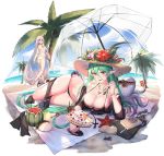  2girls ark_order ass bare_legs bikini black_bikini black_swimsuit blush bracer breasts cleavage collarbone earrings eyebrows_visible_through_hair flower_hat food green_hair hat highres ice_cream jewelry large_breasts legs long_hair looking_at_viewer lying mole mole_on_breast mole_on_thigh multiple_girls necklace official_art on_side open_mouth pink_eyes pink_hair pointy_ears red_eyes sandals simple_background standing star_(symbol) star_earrings sun_hat swimsuit thighs tongue tongue_out white_bikini white_swimsuit you_ni_ge_shaobing 