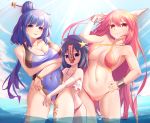  3girls absurdres armpits arms_under_breasts bikini blue_eyes blue_hair bracelet bracer breasts cabbie_hat cameltoe collarbone commentary_request frilled_bikini frills ha_kang hair_bun hair_ornament hair_stick hat highres horns ibaraki_kasen jewelry kaku_seiga korean_commentary large_breasts long_hair miyako_yoshika multiple_girls navel ofuda one-piece_swimsuit open_mouth outstretched_arms pink_bikini pink_hair red_eyes short_hair slingshot_swimsuit small_breasts star_(symbol) stitches sunlight swimsuit tattoo teeth thigh_tattoo touhou very_long_hair water zombie_pose 
