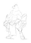  anthro armor canid canine canis chest_tuft claws clothed clothing digitigrade gauntlets gloves handwear hi_res loincloth male mammal monochrome nibhaaz partially_clothed simple_background solo topless tuft underwear white_background wolf 