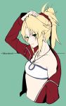  1girl bandeau blonde_hair breasts character_name cropped_torso fate/apocrypha fate_(series) green_background green_eyes hand_in_hair jacket mordred_(fate)_(all) ponytail red_jacket red_scrunchie scrunchie small_breasts solo takatun223 