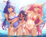  3girls absurdres armpits arms_under_breasts bikini blue_eyes blue_hair bracelet bracer breasts cabbie_hat cameltoe collarbone commentary_request frilled_bikini frills ha_kang hair_bun hair_ornament hair_stick hat highres horns ibaraki_kasen jewelry kaku_seiga korean_commentary large_breasts long_hair miyako_yoshika multiple_girls navel ofuda one-piece_swimsuit open_mouth outstretched_arms pink_bikini pink_hair pubic_tattoo red_eyes short_hair slingshot_swimsuit small_breasts star_(symbol) stitches stomach_tattoo sunlight swimsuit tan tanline tattoo teeth thigh_tattoo touhou translation_request very_long_hair water zombie_pose 