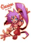 1girl blue_eyes breasts choker circlet commentary_request dark_skin earrings full_body harem_pants high_ponytail highres hoop_earrings jewelry long_hair looking_at_viewer open_mouth pants pointy_ears pointy_footwear ponytail purple_choker purple_hair red_footwear shantae_(character) shantae_(series) simple_background smile solo tiara tukiwani very_long_hair white_background 