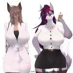  1:1 absurd_res anthro beverage big_breasts biped blush bottomwear breasts bubble_tea butt canid canine canis claws clothed clothing domestic_dog duo female female/female fur hair hi_res mammal mole_(marking) penetration ranadi simple_background skirt smile standing student suid suina sus_(pig) wide_hips wild_boar worker 