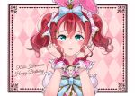  1girl aqua_eyes birthday bow character_name commentary_request copyright_name dated english_text hair_between_eyes hair_bow hair_ribbon happy_birthday highres kurosawa_ruby looking_at_viewer love_live! love_live!_sunshine!! maple_(maplesiroop) pink_background polka_dot_ribbon red_hair ribbon solo twintails upper_body wrist_cuffs 